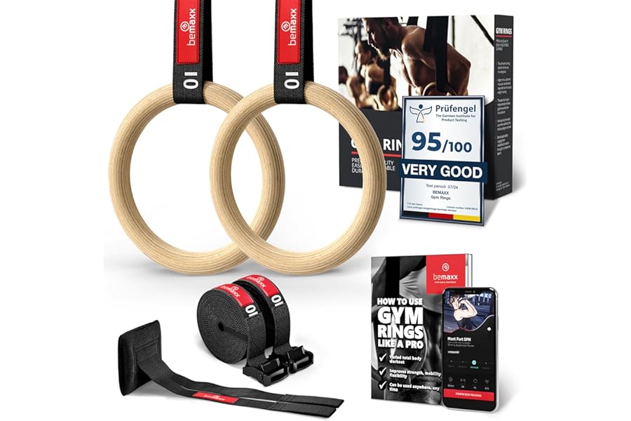 Gymnastic Rings Set Wood + Door Anchor Attachment, Exercise eBook & Adjustable Safety Straps + Length Markings | Wooden Olympic Gym Gymnastics Athletic Fitness | Home Workout Muscle Training Equipment