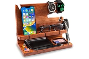 GRETA OTO GRETAOTO Station de Charge en Bois pour Téléphone, Tablette, Montre, Portefeuille, Accessoires, Support Rangement Bureau, Organisateur de Bureau, Table de Nuit, Cadeaux Hommes (Marron Cerise)