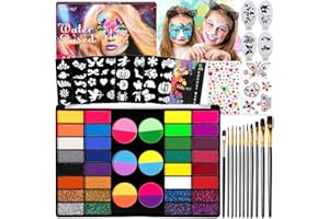 SACBRZZ Peinture Corporelle pour Le Visage, 44 Colors Palette de Maquillage Enfant, Maquillage Halloween Enfant,avec 11 Pinceaux,45 Pochoirs,2 Autocollants en Diamant, pour Halloween Noël