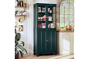 HOLTICO Display Cabinets, Kitchen Pantry Cupboard Storage Cabinets with Doors and Adjustable Shelves Freestanding Kitchen Cupboard Drinks Cabinet for Kitchen, Living Room, Green