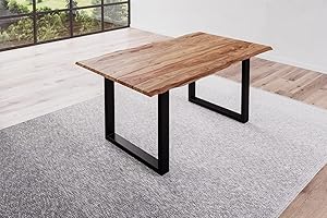 BETT11 SAM B-Ware Baumkantentisch 160x85cm Bria, Sheesham-Holz naturbelassen, Esstisch mit echter Baumkante, massiver Esszimmertisch mit U-Gestell Mattschwarz, Tischplatte 26mm