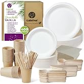 GoBeTree Disposable Tableware 400 Pieces 50 People, Complete Party | 50 23 cm and 50 Dessert Plates, 50 Kraft Cups, 150 Woode