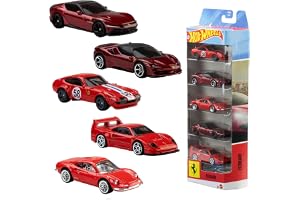 Hot Wheels 5-pak samochodów Ferrari w skali 1:64 | Oficjalnie licencjonowany zestaw 5 metalowych pojazdów Ferrari do zabawy lub ekspozycji, kolekcjonerski, JLN12