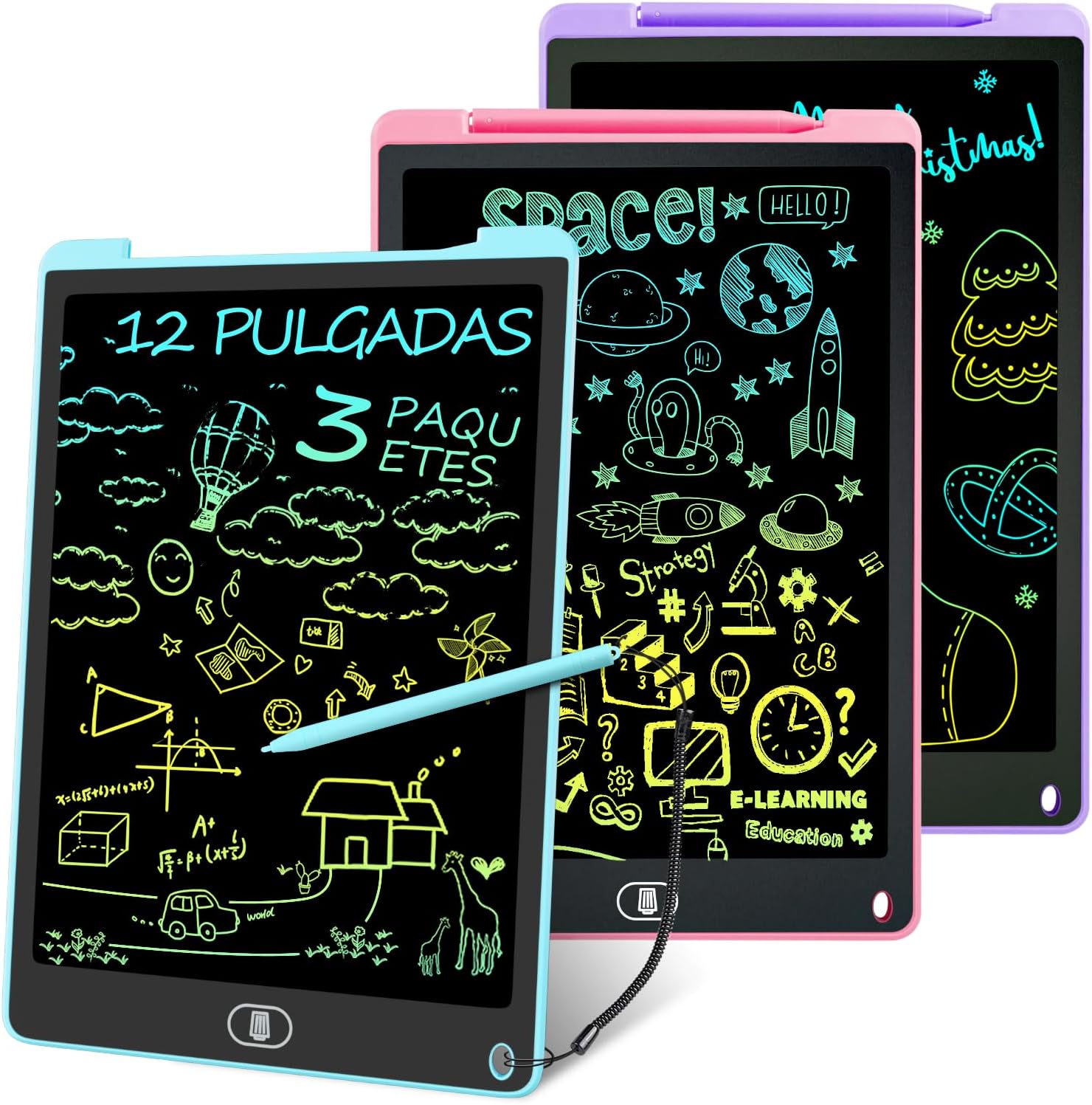 3 Packs 12 Pulgadas Tableta Escritura LCD, Electight Tablet Escritura Pantalla Colorido Infantil, Juguetes Educativo Niños con Borrable y Bloqueo Función, para el Hogar, Escuela, Azul+Rosa+Morado