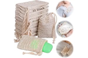 awagas 30 Stück Seifensäckchen Bio Sisal Seifenbeutel Natur Soap Bag mit Kordelzug seifenbeutel für feste seife 9x14cm Seifensack für Aufschäumen und Trocknen Peeling Massage Seifenkrümelbeutel