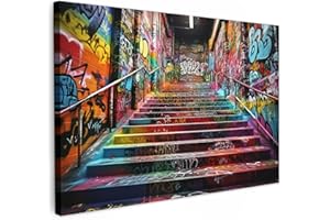 MuchoWow© Bilder Groß 120x80 cm XXL Wohnzimmer Deko Modern Wandbild Foto auf Leinwand Bild Schlafzimmer Room Decor Geschenke Banksy - Street Pop Art - Treppe - Graffiti - Farben - Kunst