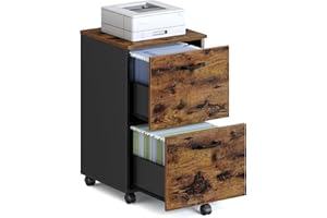 VASAGLE OFC040B01 Cabinet with 2 Drawers, Office Cabinet on Wheels, for A4 Documents, Hanging Files, Industrial Style, Rustic Brown and Black