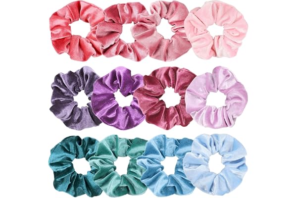 Kavya Scrunchie Hårsnoddar för damer, 12 stycken, elastiska sammets-scrunchies i brett utförande, mjuk repfläta-hårband för f
