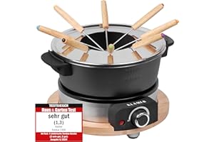 ‎KLAMER KLAMER elektrisches Fondue Set für bis zu 8 Personen, inkl. 8x Fonduegabeln, stufenlose Einstellung, mit Spritzschutz, Topf aus Aluguss, nachhaltige Gummibaumverkleidung