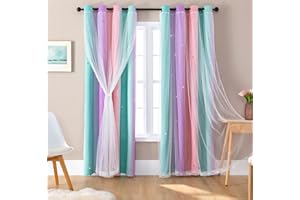 XiDi Bedroom Curtains 213 cm with Double Layer Cut Stars for Children and Adults with Roller Shutter Door Protection Rainbow Curtains for Large Windows, Pink Green Purple /132/213/2 DE