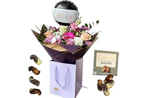 MORNING FLOWERS Birthday Bouquet Fresh Flowers Birthday Balloon -Pink Roses, Carnations, Purple Gerbera and Lisianthus Arrangement Chocolate (Choco + Balloon)