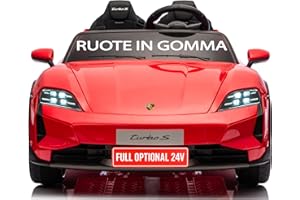 MONDIAL TOYS Auto Elettrica per Bambini 24V Porsche Taycan TurboS 2 Posti Macchina Elettrica con Ruote in Gomma Telecomando Luci LED Bluetooth Rosso