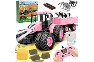 Herenear RC Tracteur Telecommandé Enfant, Tracteur Télécommandé Jouet Ferme avec Grappin, Vache, Remorque, Botte de Foinet et Troncs d'arbre, Ferme Jouet pour Enfant