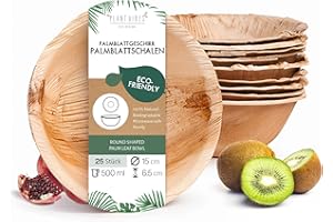 Plantvibes Cuencos de Hoja de Palma, Vajillas de Madera, 100% Compostable & CO2 Neutral - 25 Piezas de 500 ml - Cuencos Desechables, Tazones de Sopa Plato de Hoja de Palma
