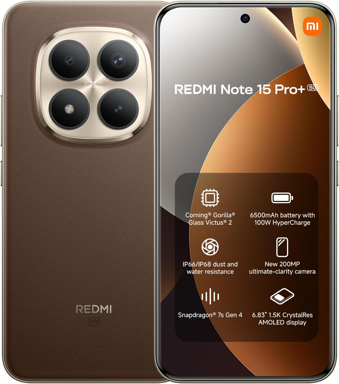XIAOMI REDMI Note 15 Pro+ 5G - Smartphone de 8+256GB, Pantalla AMOLED 6,83" 1.5K AMOLED, Snapdragon 7s Gen 4, cámara de 200 MP, Hypercharge 100W, Cargador no Incluido, café Moca (Versión ES)