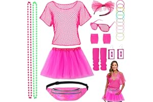 MRSCLAUS 80er 90er Jahre Outfit Damen Zubehör Set Netzshirt mit Tutu Stirnband Ohrring Halskette 80 er Neon Kostüm Party Outfit Netzoberteil Damen 80er Kleidung für Karneval Fasching Fraun Mädchen