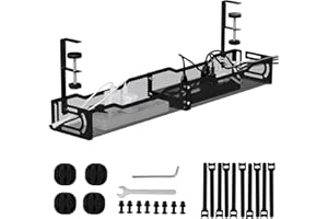 TECHSHARE Under Desk Cable Management, Cable Management No Drill, 25'' Metal Cable Tray with Clamp for Standing Desk, Home Office, (Black)