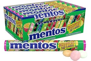 Mentos Rouleau de bonbons à la menthe Chewy, Discovery 14 saveurs de fruits assorties, 14 pièces par rouleau, boîte de présentation de 15 pièces