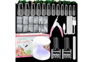 NINGESHOP 600 Stück Fake Nails Tips Starter Set, Nail Tips and Glue Gel Kit, Soft Gel Full Cover Nageltips, 12 Größen Fake Nails Transparent, Gel x Nail Extension with Mini Nagellampe,Nagelfeilen