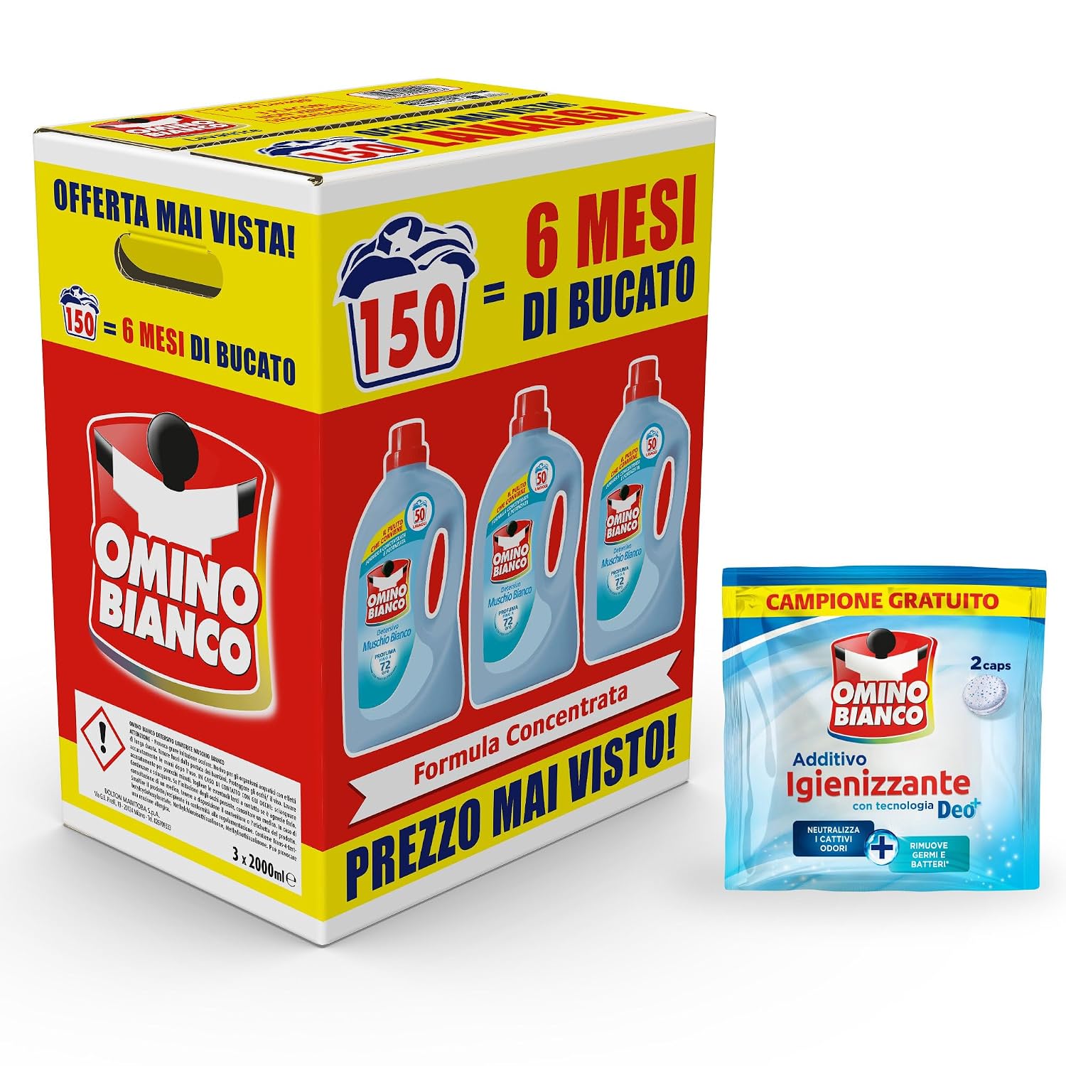 Omino Bianco Detersivo Lavatrice, Muschio Bianco, 2000 ml x 3 + Omaggio | Pulisce in profondità, rimuove le macchie, dona un fresco profumo che dura a lungo, rispetta colori e tessuti