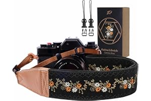 Padwa Lifestyle Kameragurt - 2“ Vollnarbenleder Kameragurte für Fotografen, Vintage bestickt Baumwollgewebe weiches Wildleder Stoff gepolstert Riemen Schnellspanner passt alle Kameras - Senfblüten