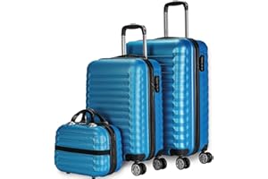 NUMADA - Gepäck-Set und Kulturbeutel 3 Stück Blau, mittel 63cm, klein 53cm und Kulturbeutel, ABS, starr, widerstandsfähig, 4 Doppelräder, leicht, seitliches Kombinationsschloss