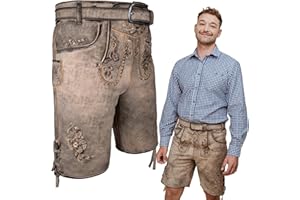 HOFGLANZ® Trachten Lederhose Herren Kurz [BRAUN/GRAU ANTIK] - Hochwertige Trachtenhose für Herren [INKL. TRACHTENGÜRTEL] - Traditionelle Echtlederhose für Oktoberfest Bequem & Robust (Größen 46-58)