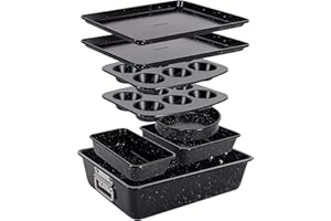 NutriChef Ensemble de Moules à Pâtisserie Empilables 8 Pièces,Plaque de Cuisson, Moule à Muffins, Rond, à Cake, Carré & Profond, Acier au Carbone Antiadhésif Haute Qualité, Four ≤230 °C, Marbre Noir