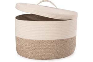 Rieeyrslza Cesta de Cuerda de Algodón para la Colada con Tapa 32L Cestas de Lavandería Tejidas para Mantas, Mango Hueco, Poner Ropa Sucia, Almohadas, Productos para Bebés 40 x 25cm(Marrón)