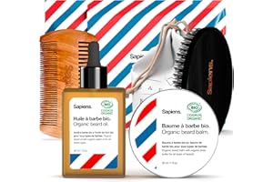 Sapiens Kit Soin Barbe Homme - Coffret Soin Barbe avec Huile Barbe et Baume Barbe BIO - Fabriqués en France - Brosse à Barbe, Peigne, Pochette - Coffret Cadeau Homme