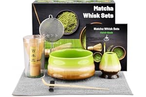 DULEIAU RAVFD Matcha Kit (7pcs), Juego de té japonés, Batidora de Matcha de Bambú, Cuenco de Matcha, Cuchara, Colador, Portacucharas, Soporte para la Batidora,Kit de Ceremonia Matcha -Cambio verde