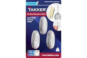 Takker - 3 x Small Hooks with 6 x Sticky Strips | Multi-Purpose Hooks, Strong Adhesive, Easy Application, Damage-Free Removal, Re-Useable, No Sticky Residue, for Home, Bathroom, Kitchen, Walls