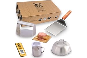 ADEGO Kit Smash Burger Professionale in Acciaio Inossidabile + QR con Ricettario - Prodotto Certificato UE Contatto con Alimenti - Set Smash Burger Professionale - Pressa per Hamburger