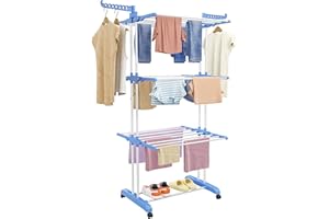 SIMPDIY Wäscheständer Wäschetrockner Turm, Turm-Wäscheständer mit 6 Klappbare Flügel und 2 Seitenflügel, Standtrockner Wäscheturm mit Rollen für Innen und Außen, Blau