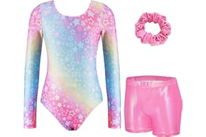 Arshiner Girls 3 Piece Gymnastics Outfits Long Sleeve Leotards with Shorts Hairband Children Sparkly Unitards Ballet Dancing Unitards 3-10 Years