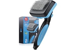 BluePet Brosse pour chiens et chats Longs poils - Élimine doucement sous-poil, nœuds - Version 2.0 nettoyage bouton - Utilisation quotidienne (bleu)