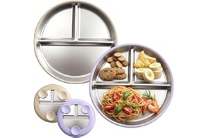 SENLINLIN 2 Stück Baby-Teller mit Saugnapf, Edelstahl geteilter rutschfester Kleinkind-Teller, BPA-frei, abnehmbare Silikonhülle, spülmaschinenfest, ideal zur Förderung selbstständigen Essens