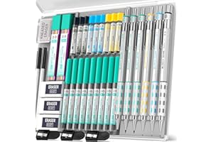 Nicpro Blocky Gear Art Mechanical Pencil Set with Case, 36PCS Metal Mechanical Pencils 0.5, 0.7, 0.9mm & 2mm Lead Holder for Drawing Sketching with 20 Tubes (6B 4B 2B HB 2H 4H Colors) Lead Refills
