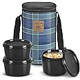 MILTON Lofty Lunch Box with Insulated Fabric Jacket, 3 PU Insulated Inner Stainless Steel Containers (1 x 320ml, 2 X 450ml Each), Microwave Safe & Leakproof Tiffin for Office, College, Navy Blue
