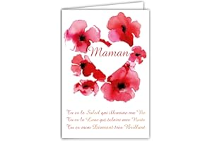 AFIE 69-3945 Carte Maman Je t'aime Grand Texte pour Anniversaire ou Fête des Mères Cadeau Enfant Fille Fils Cœur Bouquet Fleurs Coquelicots Rouges Déclaration d'Amour Poème Avec Enveloppe Format 12x17,5cm