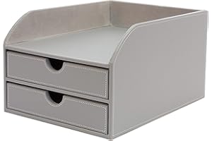 OSCO Faux Leather 2-Tier Desk Paper Sorter with Letter Tray, A4 Document File Storage, Chocolate Brown, Compact Office Magazine Holder 248×340×185 mm, Grey