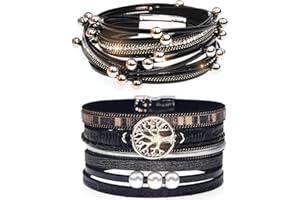 Suyi Multilayer Leather Bracelet Set 2 Pieces Beads Wrap Bracelet Wrist Cuff Bangles with Magnetic Buckle for Women