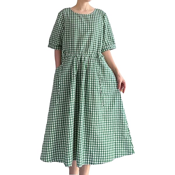 Women's Plaid Shirt Dress Women's Summer Plaid Shirt Dress - Short Sleeve  Cotton Gingham Midi Dress | Linen-Like, Loose Fit, Button-Front Cotton Shirt  Dress