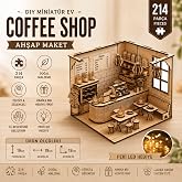 AlgWoodDesign Coffee Shop Ahşap Maket, 214 Par&ccedil;a DIY Minyat&uuml;r Kafe Modeli, LED Işıklı MDF 3D Puzzle, Hobi ve Dekorasyon Seti,