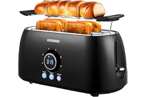 STEINBORG Toster XXL 4 Kromki, Czarny, Cyfrowy Wyświetlacz, Szeroki i Długi z Nakładką na Bułki, Automatyczne Wyłączanie