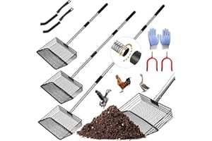 BOYIGOG Hühnerschaufel -7Stück mit Handschuhe Bürsten Haken, 4-in-1 Einstellbare Hühnerschaufel mit (55 Bis 157 CM Lang) Edelstahl-Griff, Multifunktional Trennung Siebschaufel für die Reinigung Hühnerstall