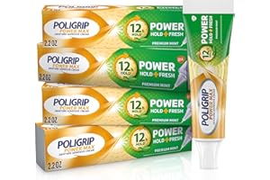 Super Poligrip Power Max Power Hold + Fresh Crema para dentaduras postizas, menta premium – 2.2 onzas x 4