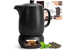 Happy Lemuro Teekanne mit Stövchen Set - 1,2 l - Keramik Teekanne mit Siebeinsatz und Kerzenwärmer - Tea Pot - Teapot - Tee Kanne mit Stövchen Keramik - Teezubereiter für Losen Tee
