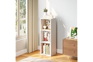 Nordivale Bookcase, White Narrow Bookcase, Small Display Book Shelf, Cube Storage Unit for Living Room, Bedroom,Office, 3 Tiers, 1 Pack