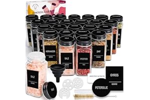 Happy Lemuro Gewürzgläser Set [24 x 120ml] mit 301 Etiketten auf Deutsch | Black Edition | Gewürzbehälter mit Metalldeckeln & Streueinsatz. Gewürzgläser Eckig, Schwarzer Deckel, 24er Set